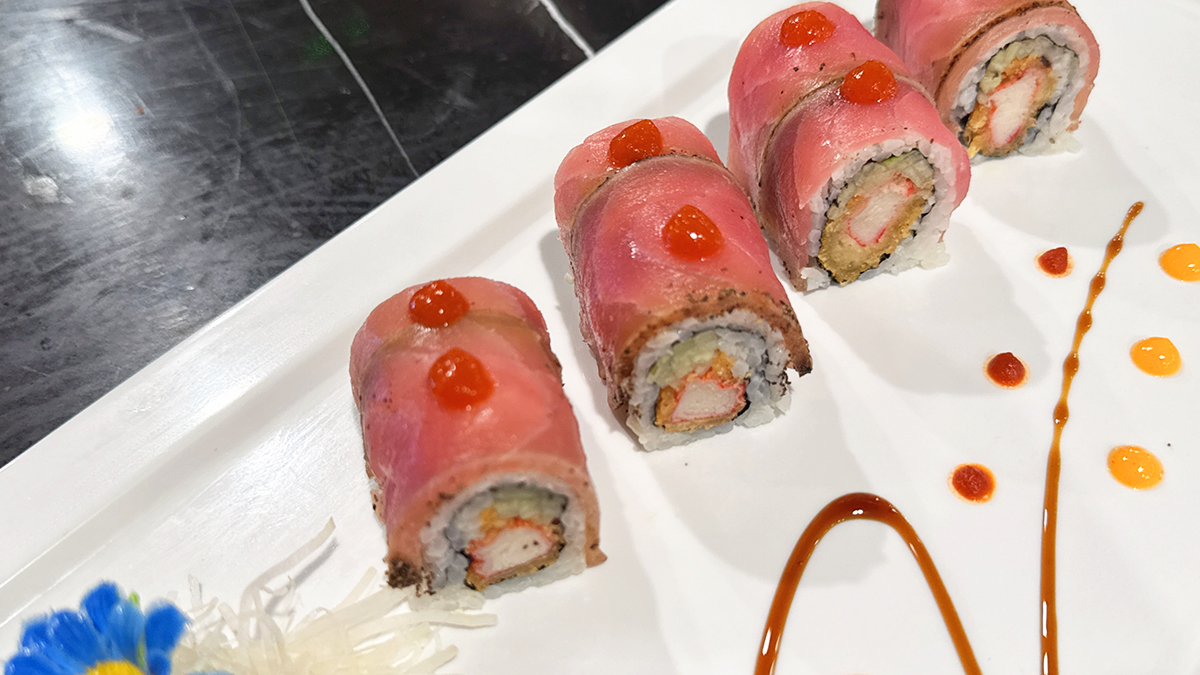 Mongolian & Sushi-Asian-Fusion-Restaurant-tuna-sushi-Carteret Sushi rolls wrapped in tuna, decorated with fish roe, exquisitely plated at Mongolian & Sushi,a Asian Fusion Restaurant in Carteret