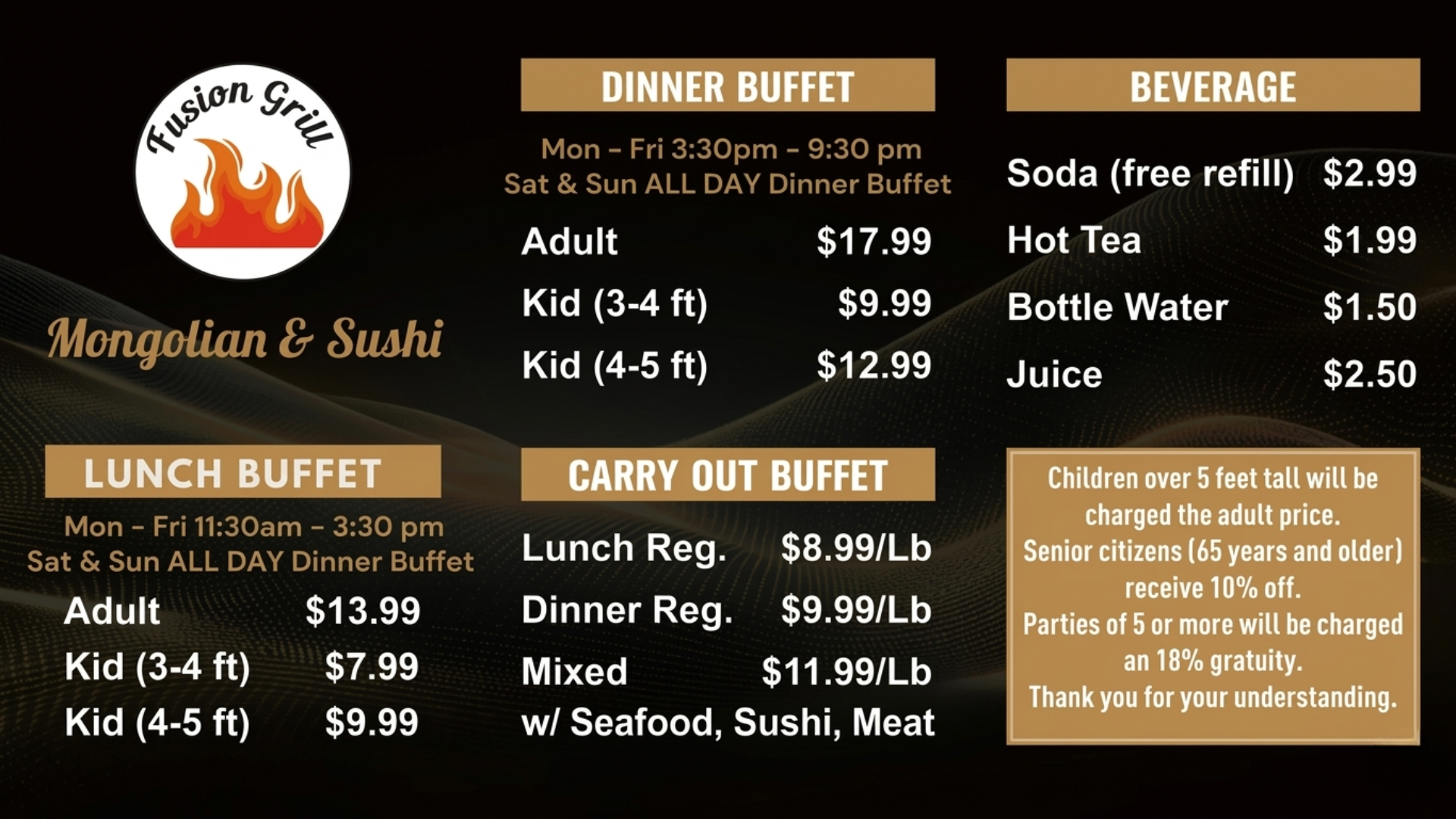 Menu for Fusion Grill Mongolian & Sushi showing pricing for Lunch, Dinner, Carry Out buffets, and beverages.
