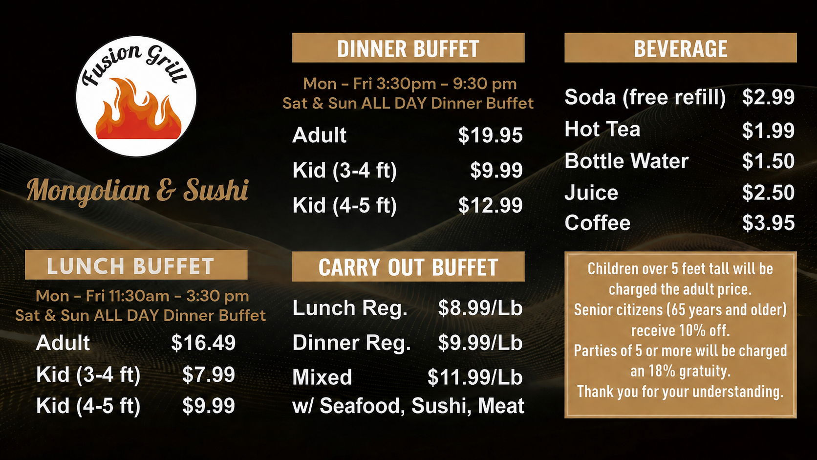 Menu for Fusion Grill Mongolian & Sushi showing pricing for Lunch, Dinner, Carry Out buffets, and beverages