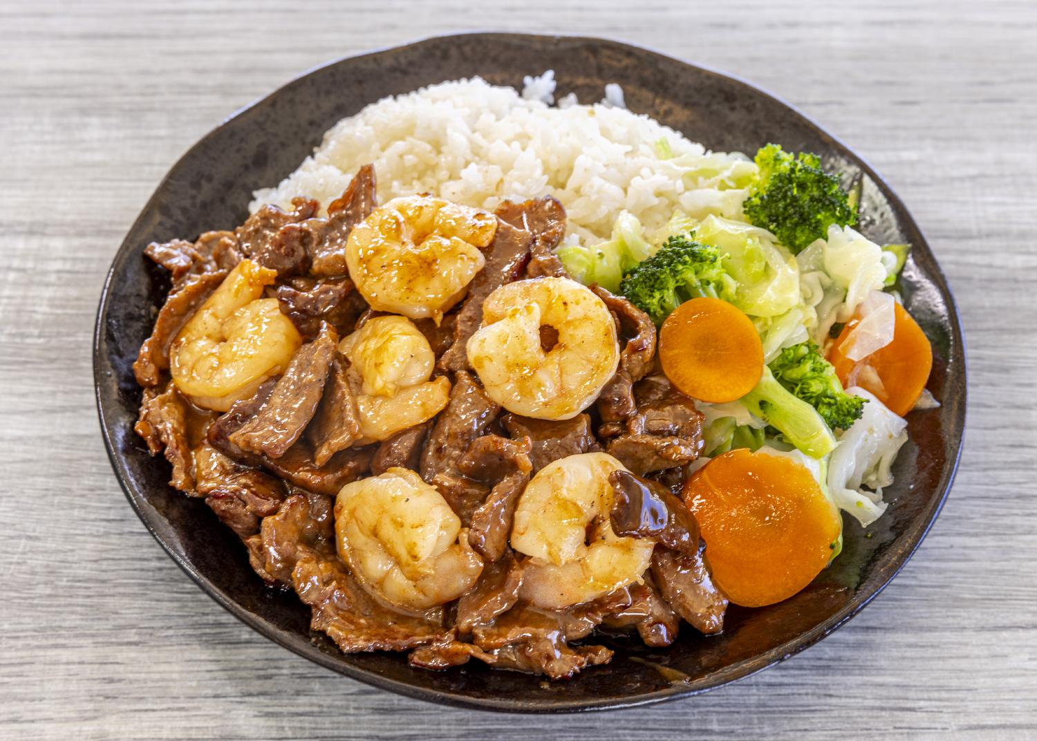 Teriyaki beef and shrimp with rice and veggies at Fuwa Ramen & Grill, a Japanese Restaurant in Glendale