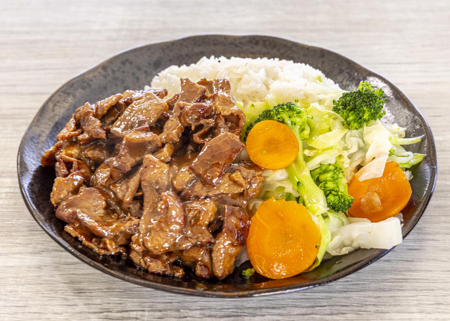 Teriyaki beef with rice and veggies at Fuwa Ramen & Grill, a Japanese Restaurant in Glendale