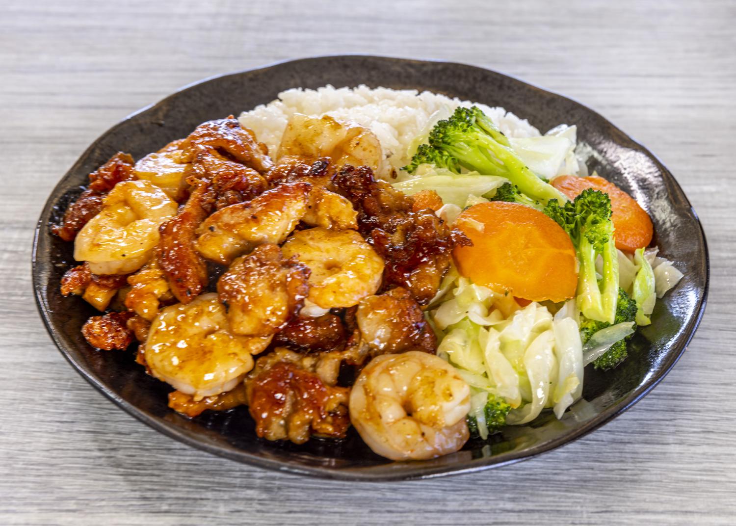 Teriyaki chicken and shrimp with rice and veggies at Fuwa Ramen & Grill, a Japanese Restaurant in Glendale