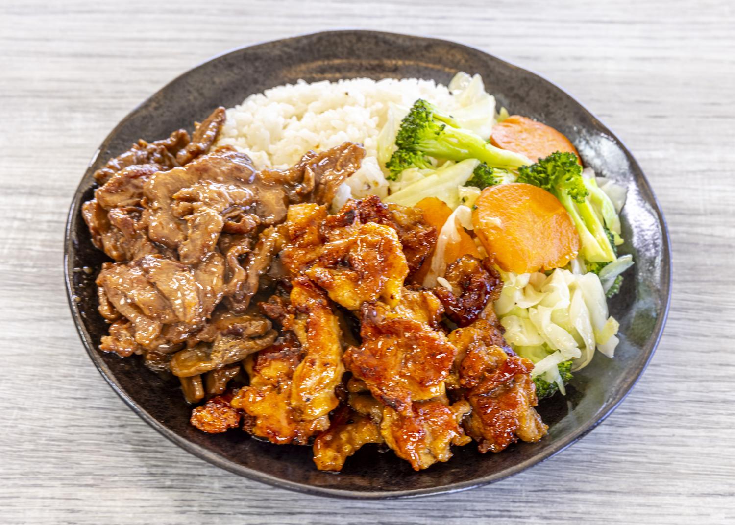 Teriyaki beef and chicken with rice and veggies at Fuwa Ramen & Grill, a Japanese Restaurant in Glendale