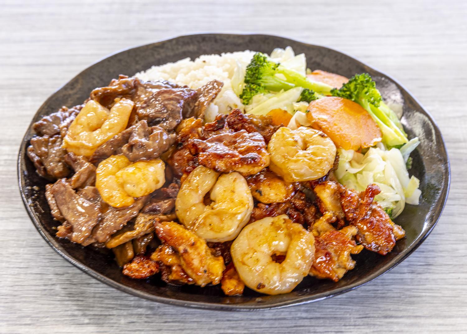 Teriyaki beef, chicken, shrimp with rice and veggies at Fuwa Ramen & Grill, a Japanese Restaurant in Glendale
