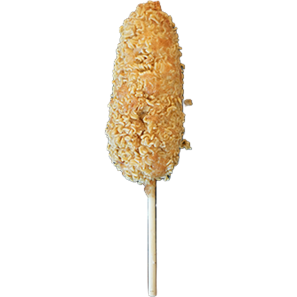 Corn dog coated with crispy ramen noodles at Gangnam Crispy, a Korean Restaurant in Toledo
