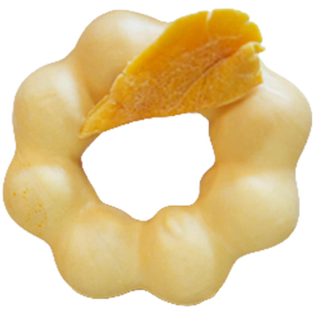 Creamy yellow mochi donut with a dried mango slice at Gangnam Crispy, a Korean Restaurant in Toledo