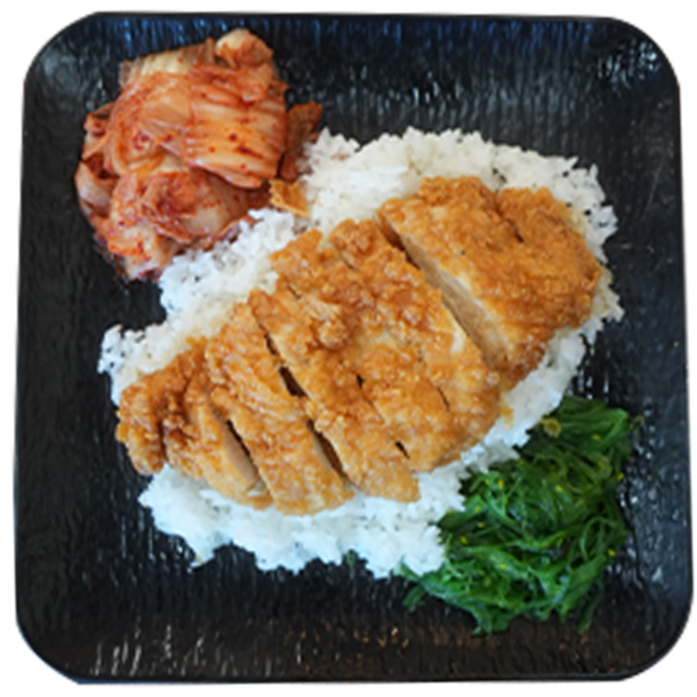 Crispy chicken cutlet on rice with kimchi and seaweed salad at Gangnam Crispy, a Korean Restaurant in Toledo