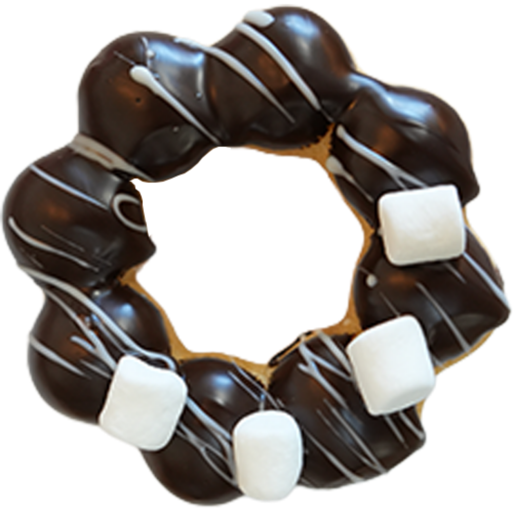 Dark chocolate mochi donut with marshmallows and white drizzle at Gangnam Crispy, a Korean Restaurant in Toledo