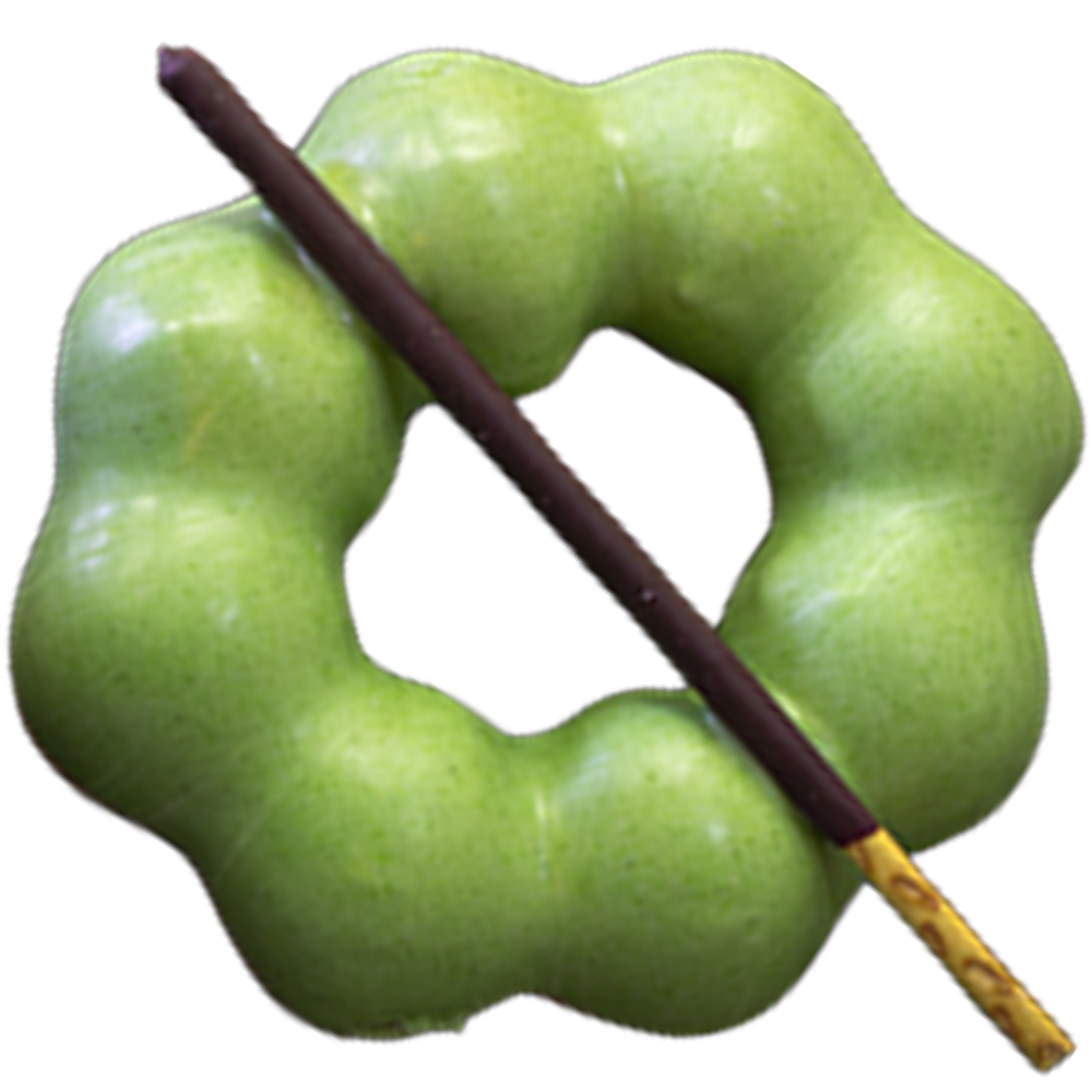 Green matcha mochi donut with a dark chocolate Pocky stick at Gangnam Crispy, a Korean Restaurant in Toledo