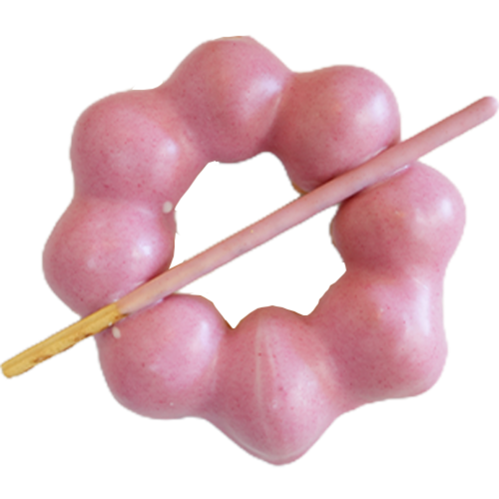 Pink mochi donut with a pink Pocky stick across the top at Gangnam Crispy, a Korean Restaurant in Toledo