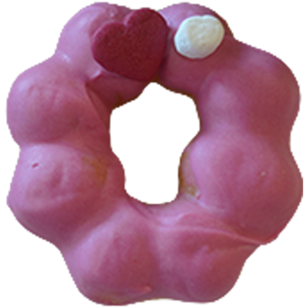 Pink mochi donut with a red heart and white round decoration at Gangnam Crispy, a Korean Restaurant in Toledo
