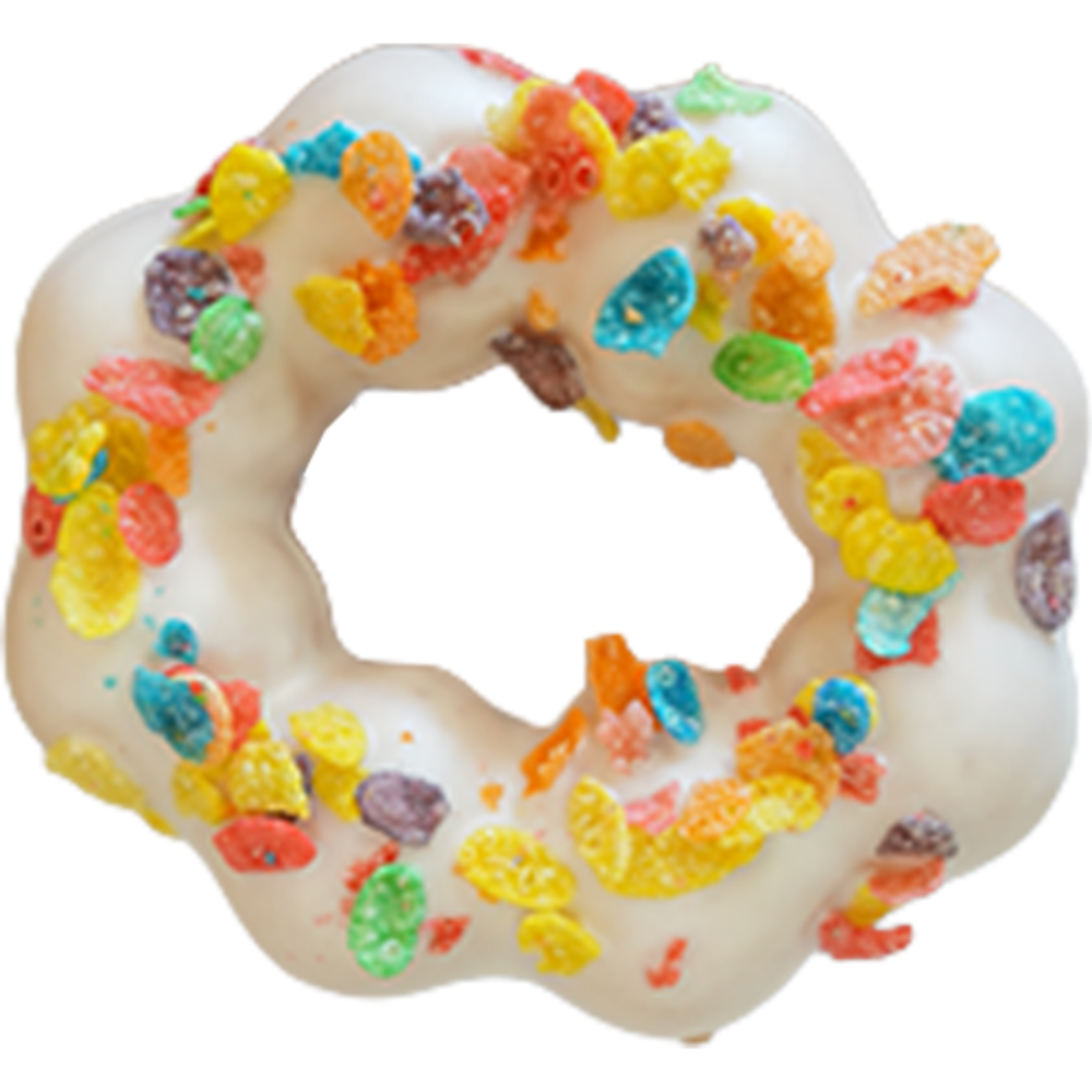 White mochi donut topped with colorful fruity cereal at Gangnam Crispy, a Korean Restaurant in Toledo