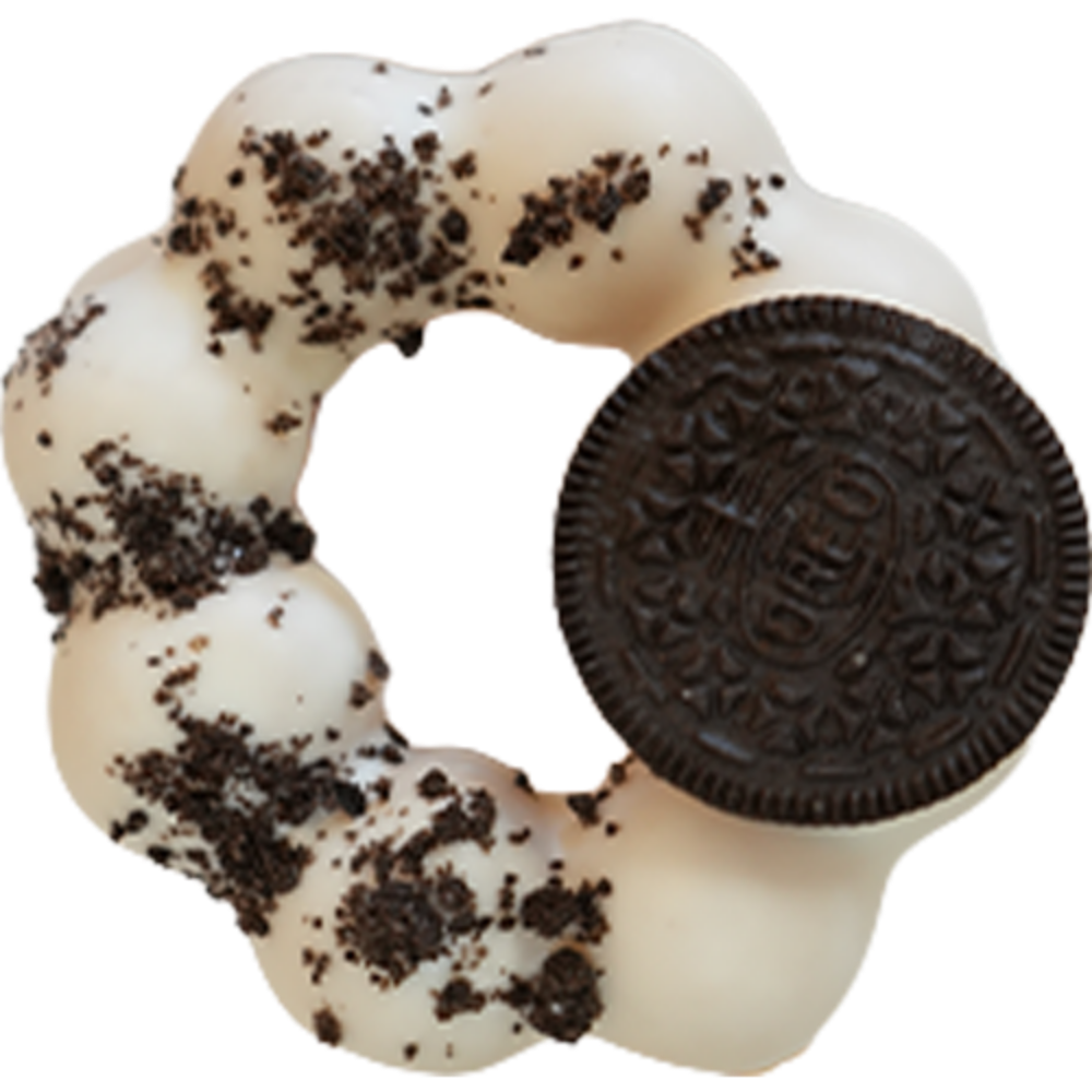 White mochi donut with Oreo crumbs and a whole Oreo at Gangnam Crispy, a Korean Restaurant in Toledo