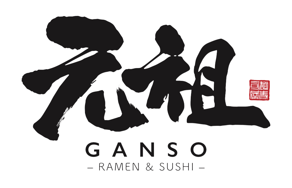 Logo of "GANSO - RAMEN & SUSHI -" with Chinese characters "元祖" and a red seal.