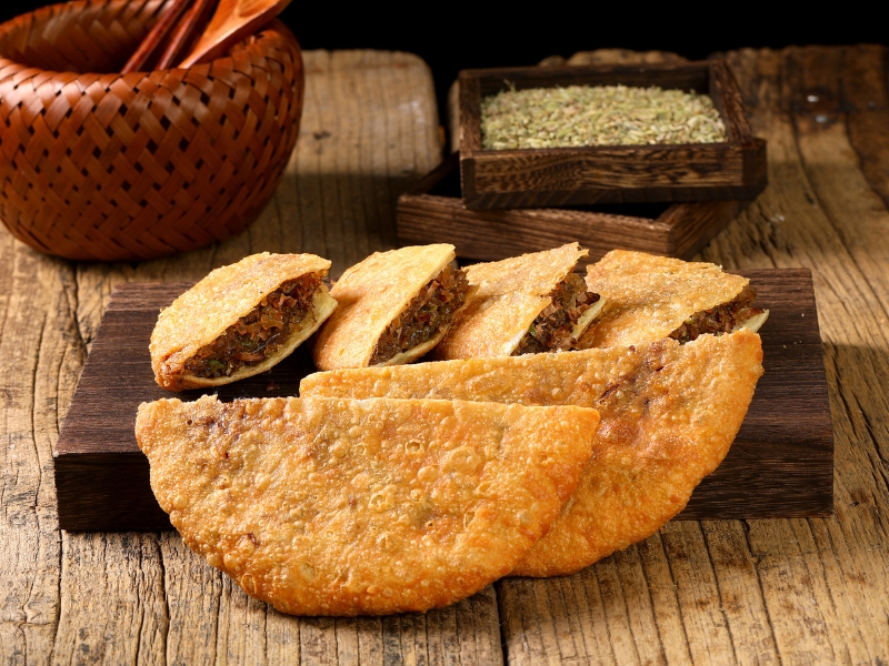 Crispy fried stuffed pastry with savory meat filling at Gao Qunsheng's Spicy Soup, a Chinese Restaurant in Flushing