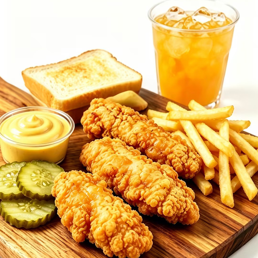 Crispy chicken tender set fries toast honey mustard pickles iced peach tea at Golden Crispy Chicken, a Fried Chicken Restaurant in Orlando