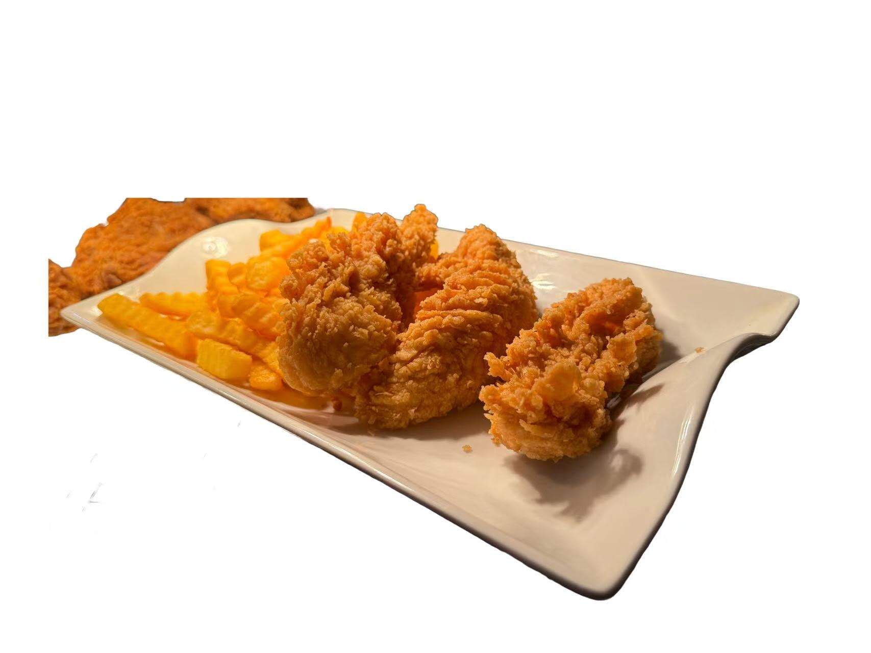 3 pieces of crispy chicken tenders served with French fries at Golden Fried, a American Fast Food Restaurant in Columbia