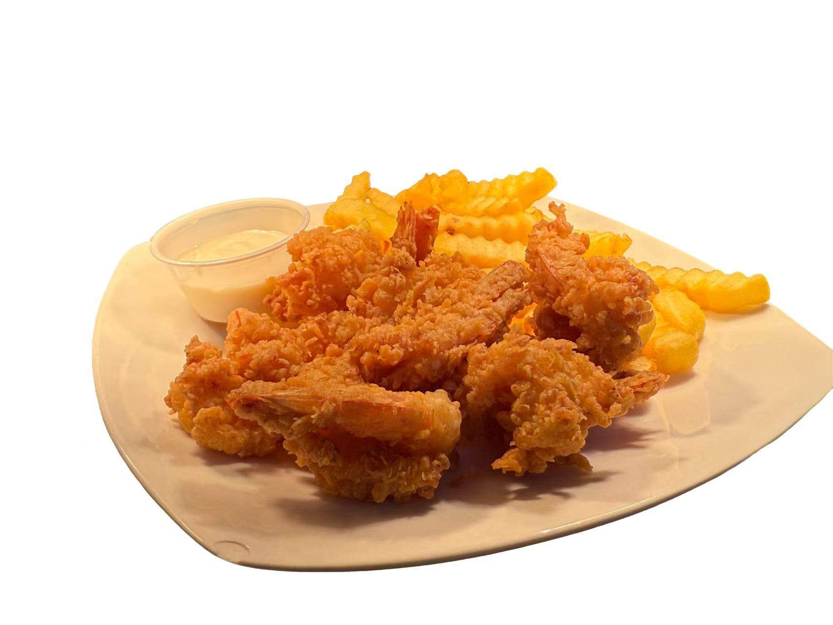 8 pieces of crispy fried jumbo shrimp served with French fries at Golden Fried, a American Fast Food Restaurant in Columbia