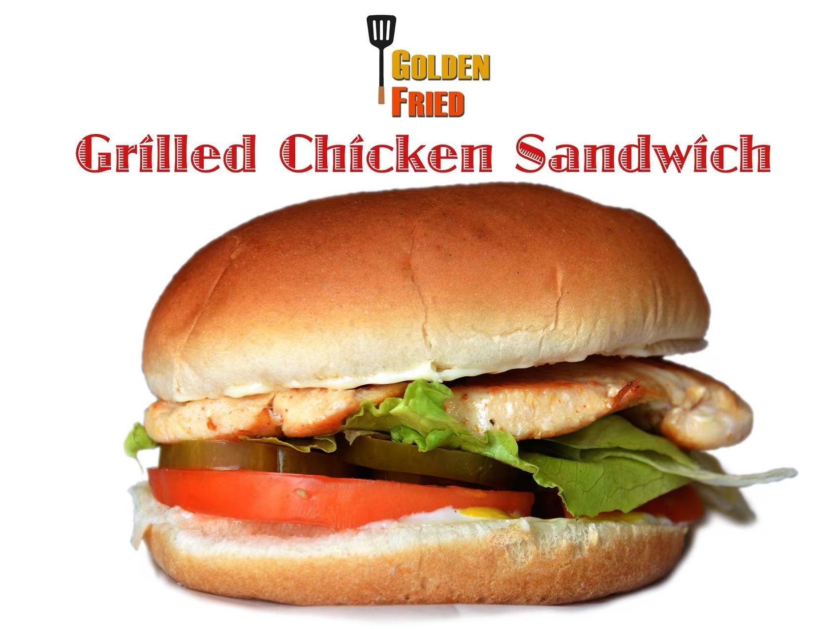 Grilled chicken sandwich with fresh veggies on a soft bun at Golden Fried, a American Fast Food Restaurant in Columbia