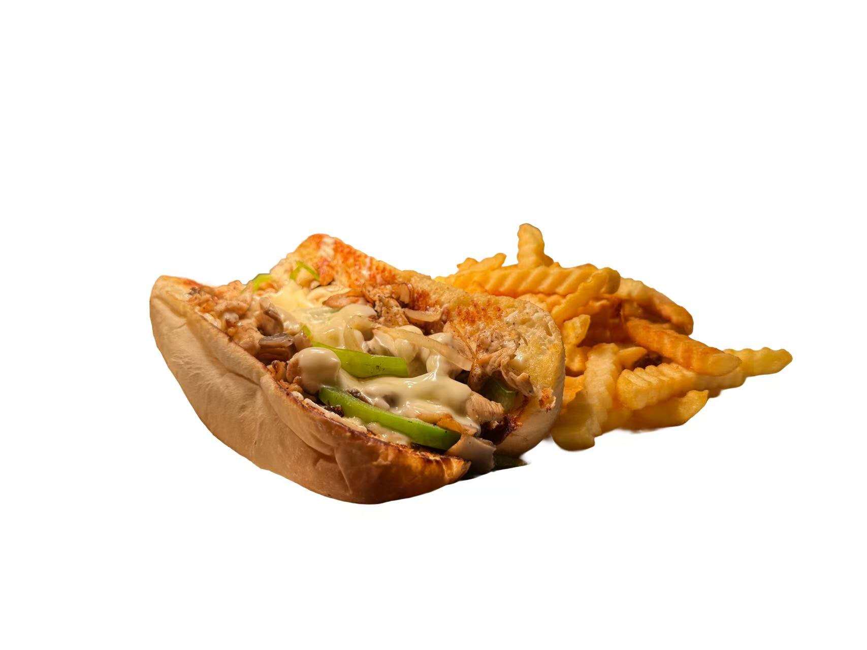 Steak Philly sandwich filled with steak, peppers, onions, and cheese, served with French fries at Golden Fried, a American Fast Food Restaurant in Columbia