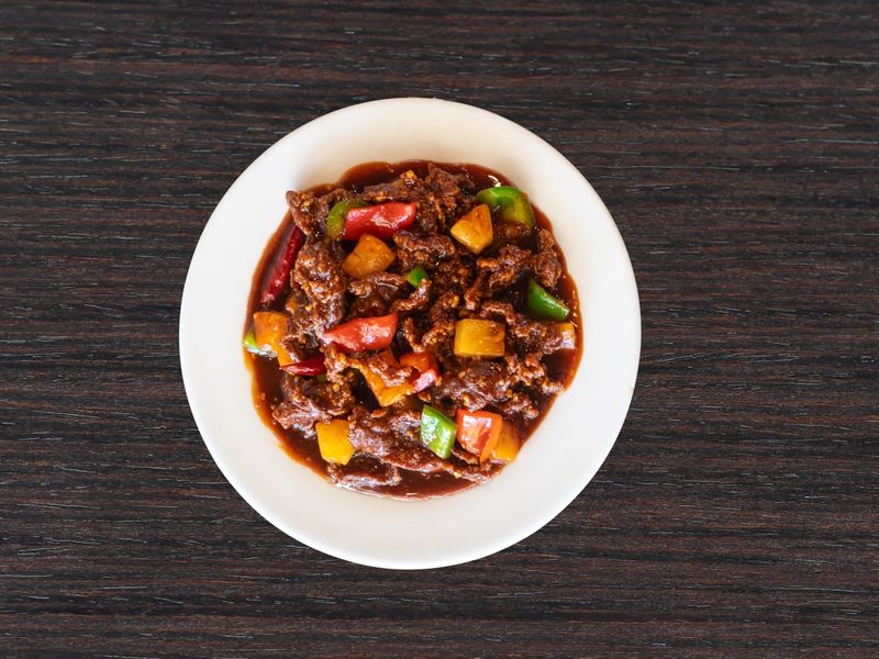Spicy ground beef with colorful peppers in Szechuan sauce at Ginger Zing, a Chinese Restaurant in Mesa