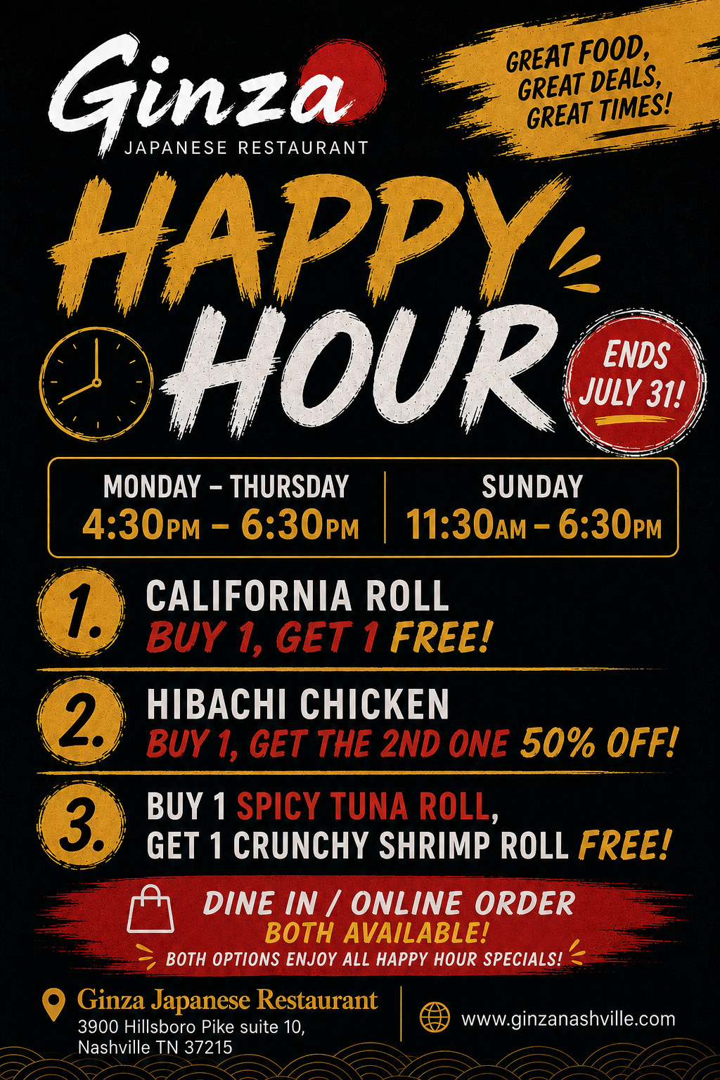Ginza Japanese Restaurant happy hour flyer valid until July 31, lists opening hours, 3 sushi & hibachi BOGO offers, dine-in & online eligible