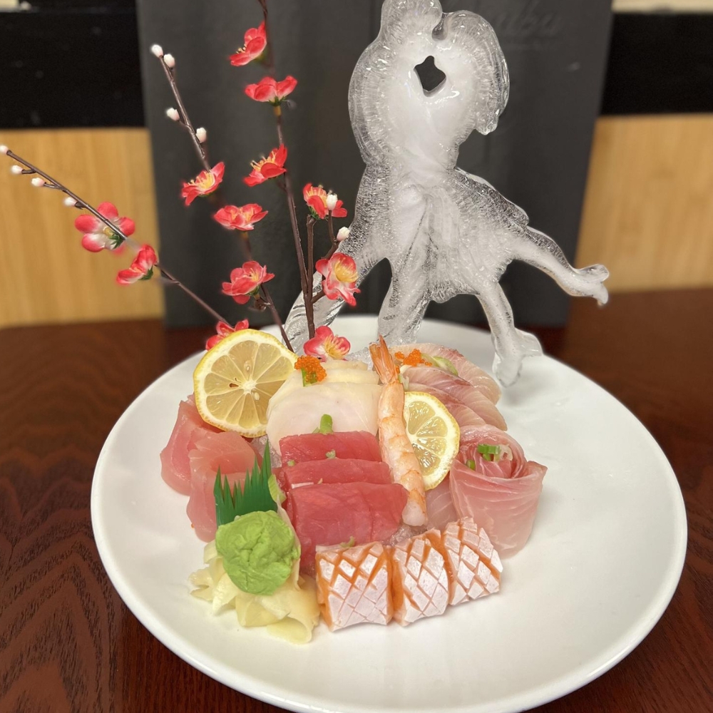 Fresh assorted sashimi with ice sculpture at Ginza Sushi and Ramen, a Japanese Restaurant in Salem