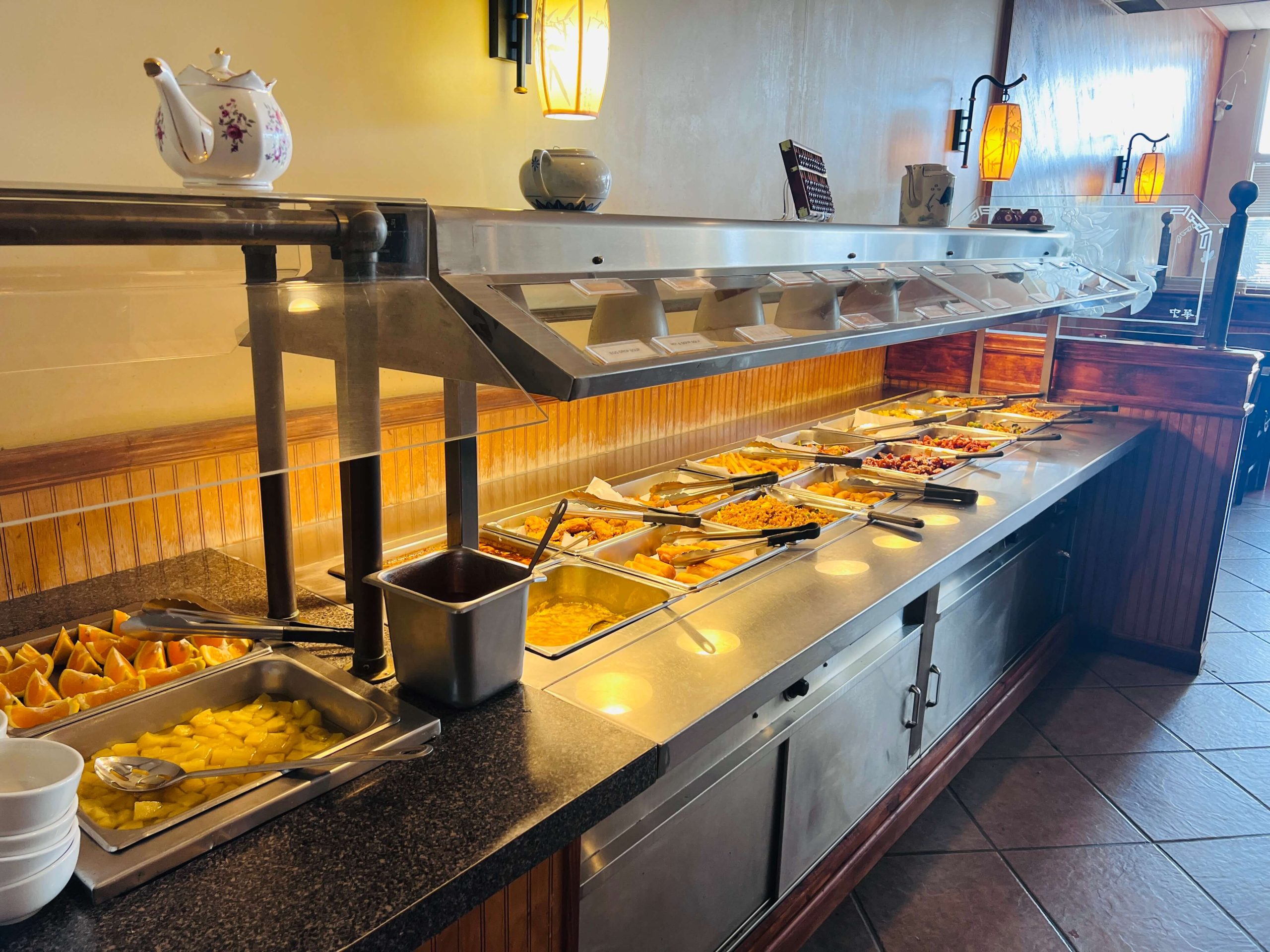 Varied buffet spread with fruits and assorted dishes at Golden China, a Chinese Restaurant in Flowood