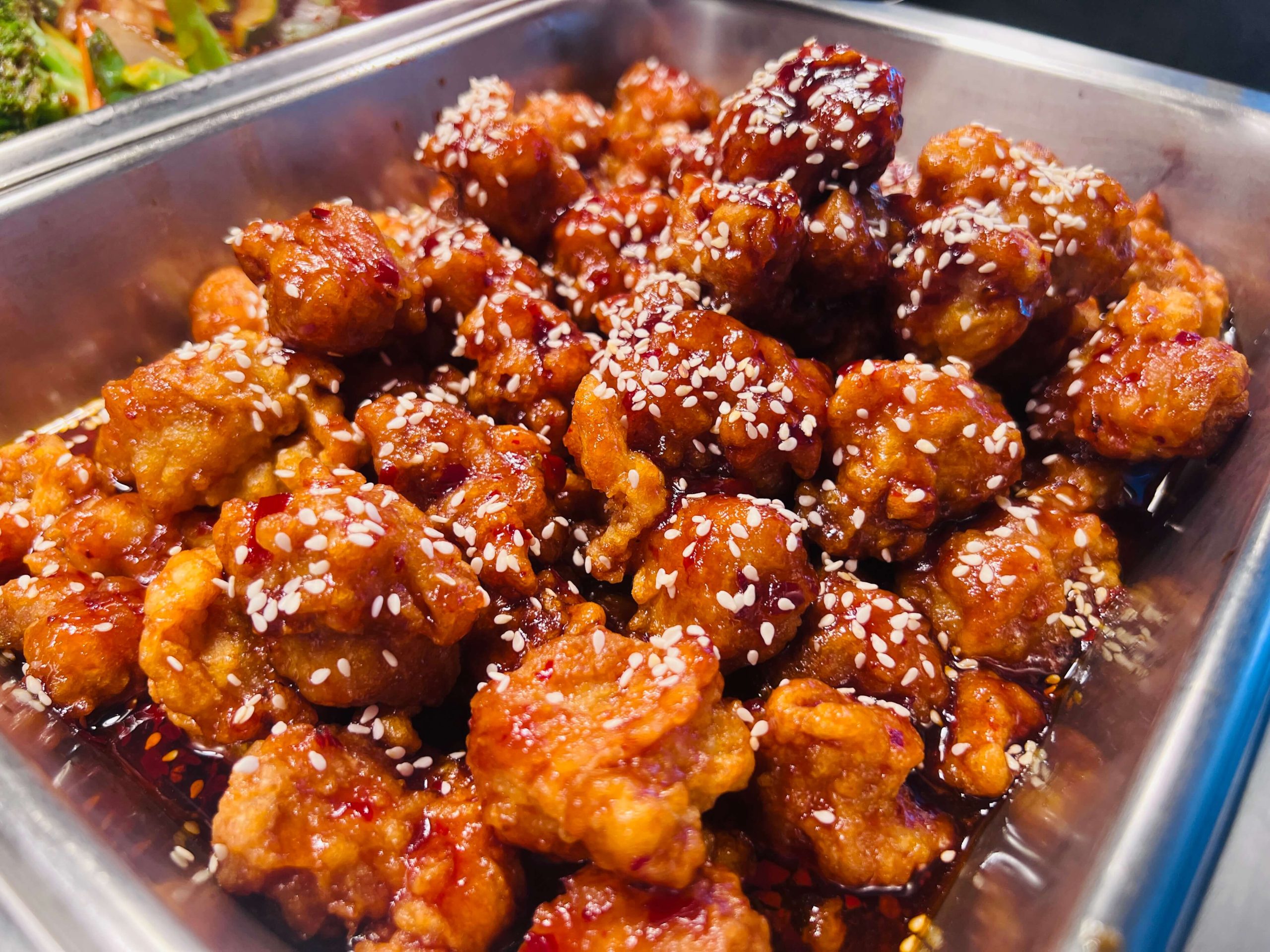 Golden-China-Restaurant-General-Tso’s-Chicken-Flowood General Tso's chicken with a sweet - spicy sauce and sesame seeds at Golden China, a Chinese Restaurant in Flowood