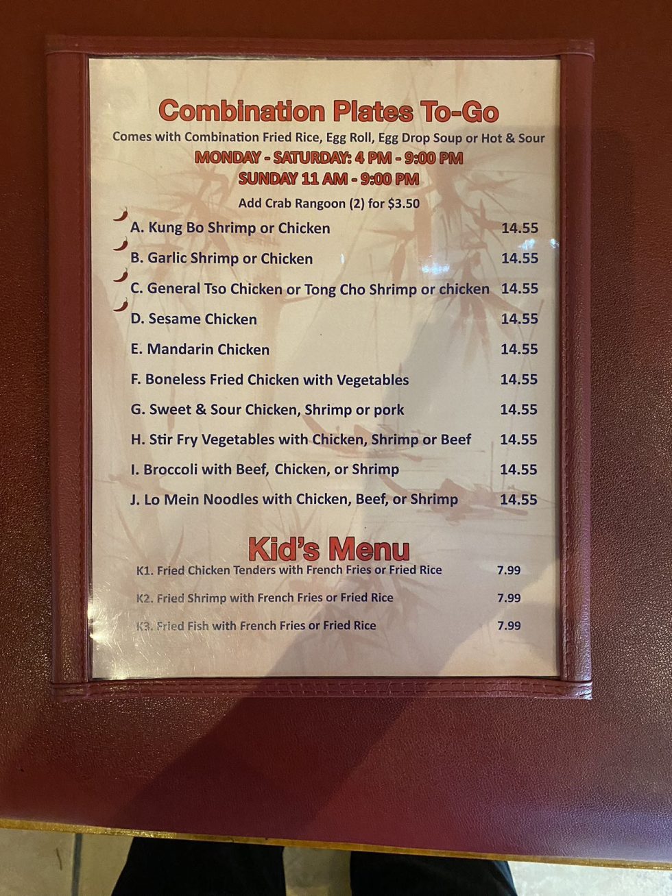 Menu Golden China Restaurant