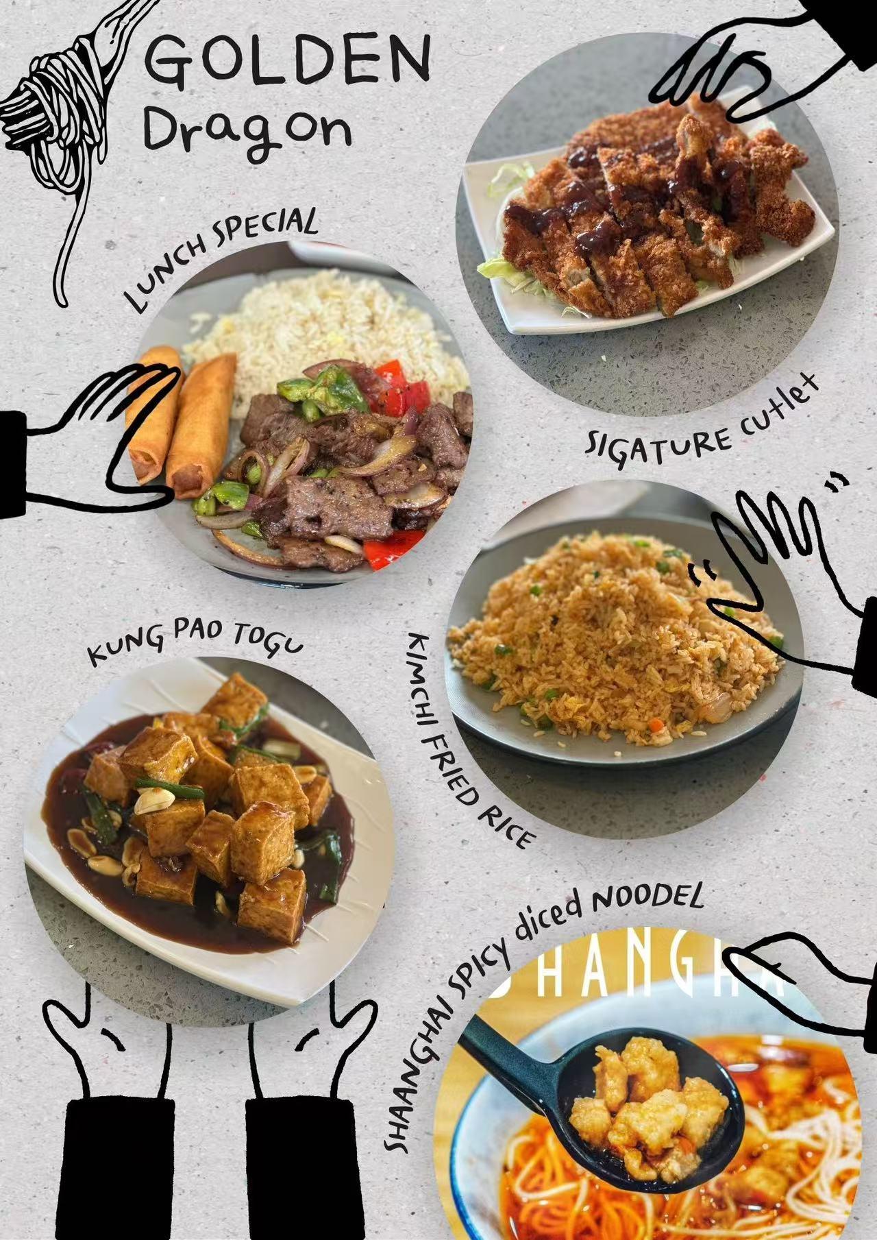 Assorted Chinese dishes including tofu, fried rice, and noodles at Golden Dragon.