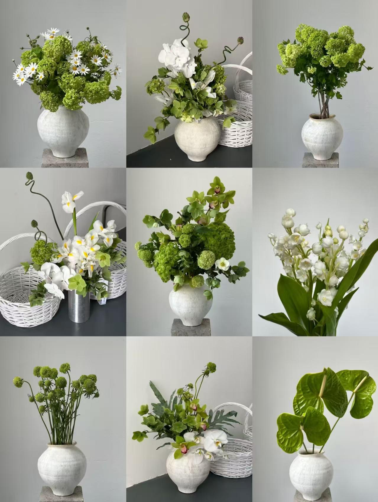 Nine floral arrangements in white vases, featuring green hydrangeas and white orchids.