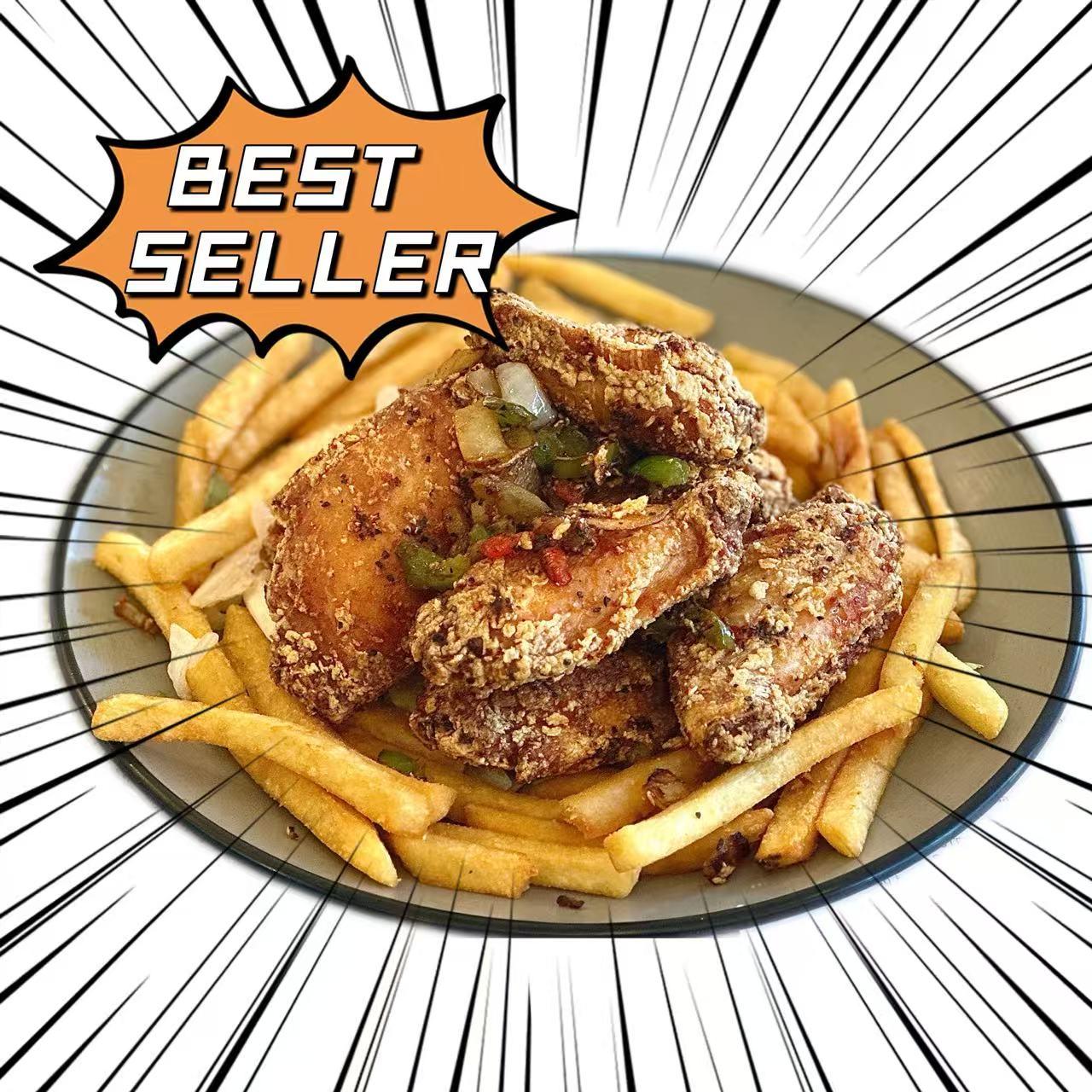 Best seller spicy fried chicken wings with French fries, comic-style radial lines graphic