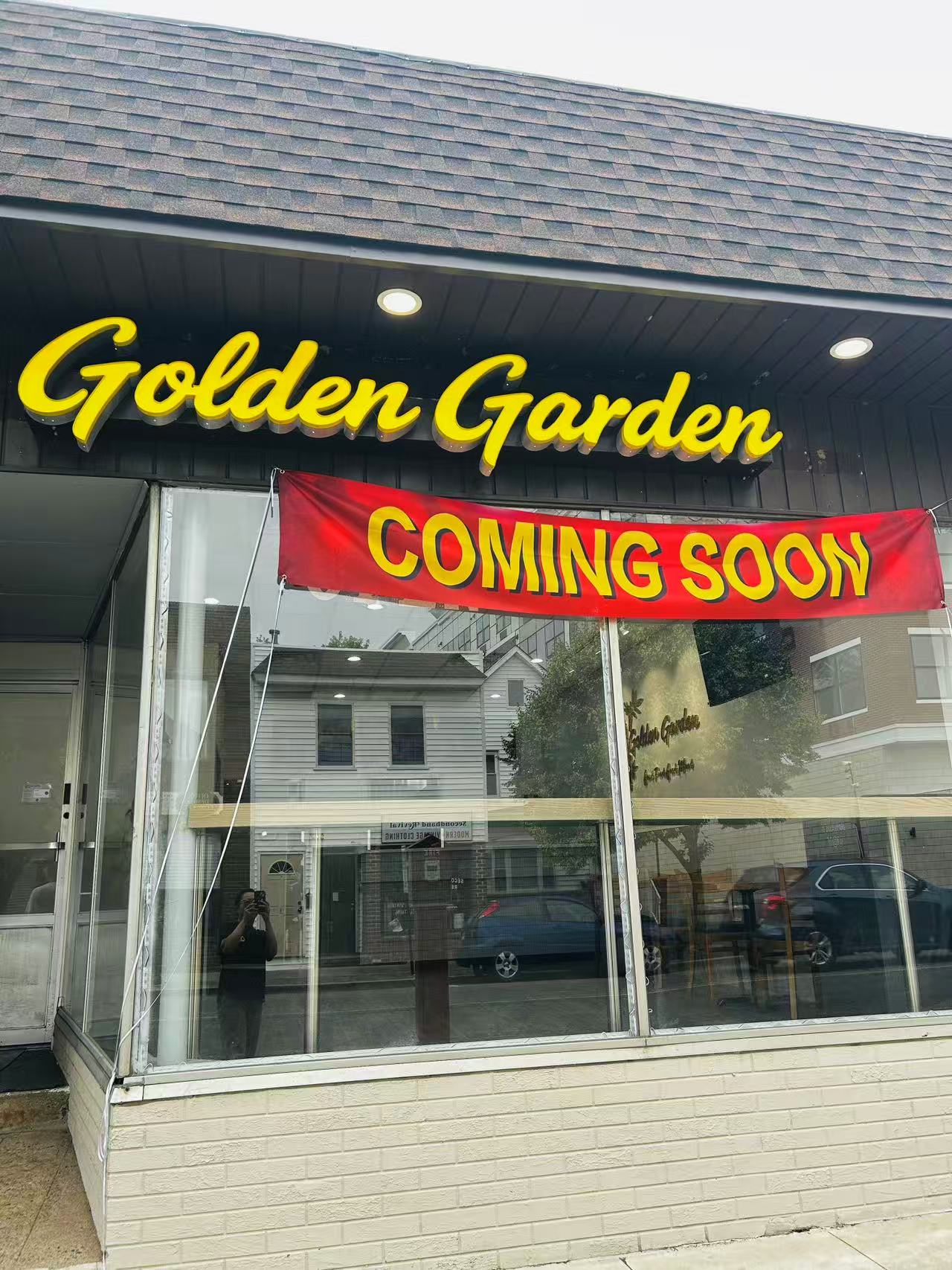 Storefront exterior with glowing Golden Garden sign and red Coming Soon banner at Golden Garden, a Chinese Restaurant in Pompton Lakes