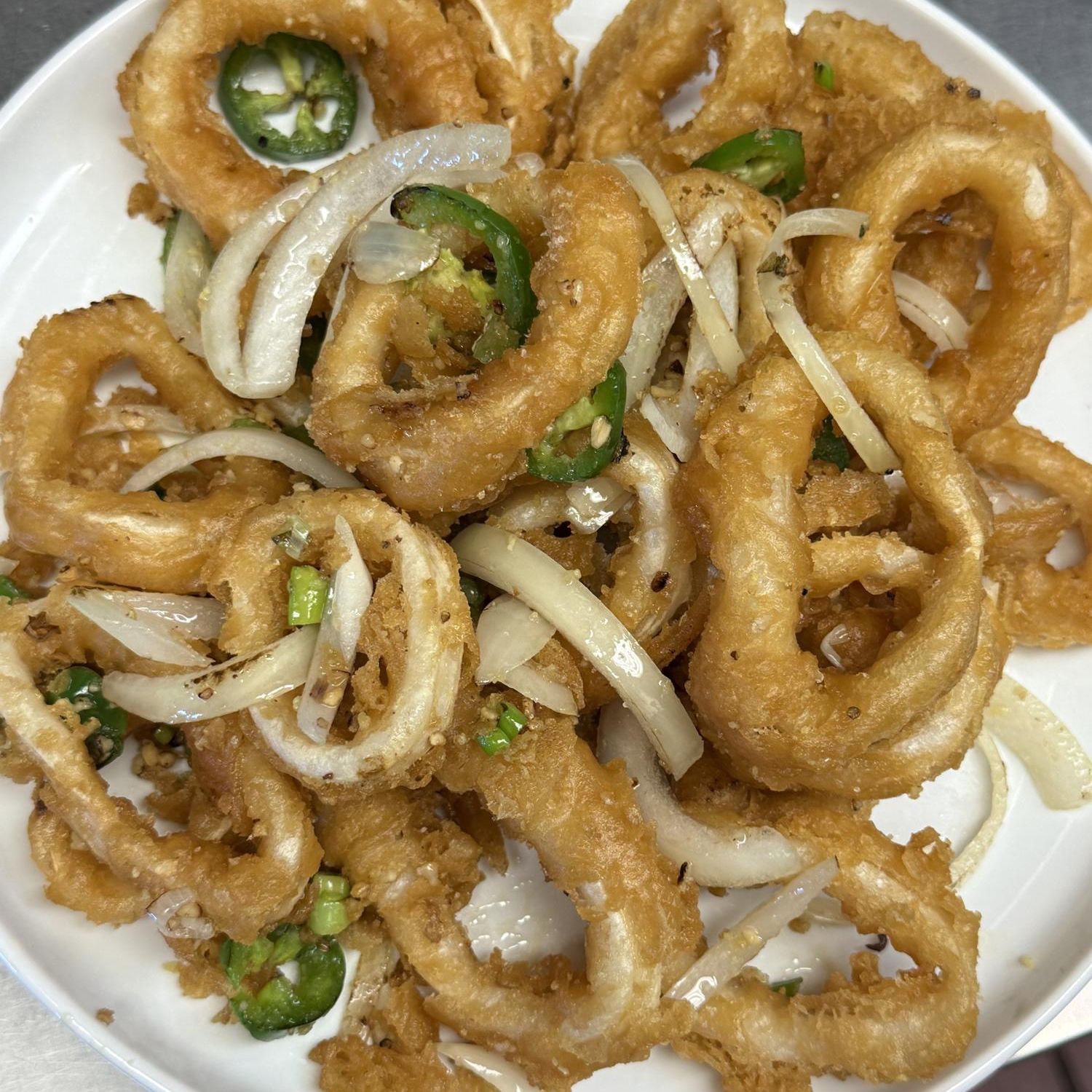 Salt and pepper calamari with jalapeno and onion at Golden Garden, a Chinese Restaurant in Sacramento