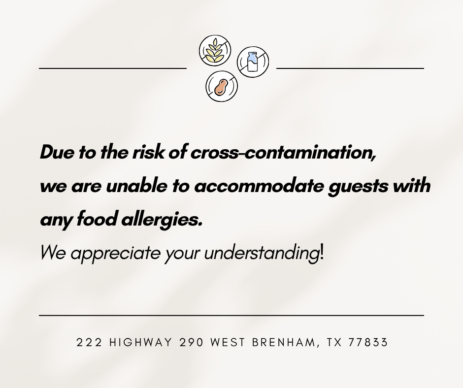 A minimalist informational poster with a light cream background and thin horizontal lines. At the top, there are three small circular icons representing common allergens (wheat, milk, and peanuts) with strike-through lines. The main text in bold, italicized black font reads: 