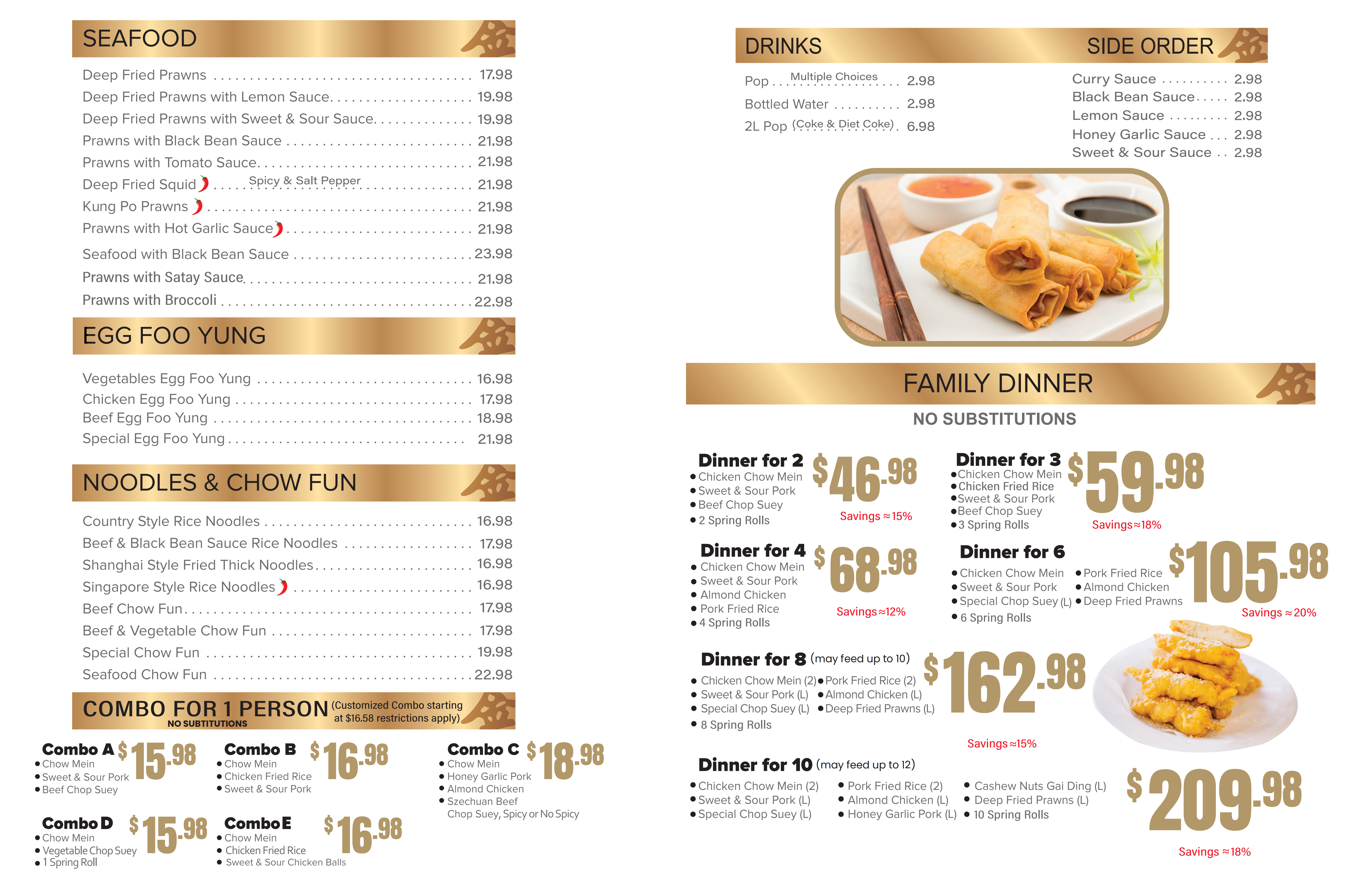 Cloverdale Golden Medal 2026 Menu - Seafood, Egg Foo Yung, Noodles, Chow Fun, Family Dinners (2-10 People), and 1-Person Combos with Pricing & Savings Details