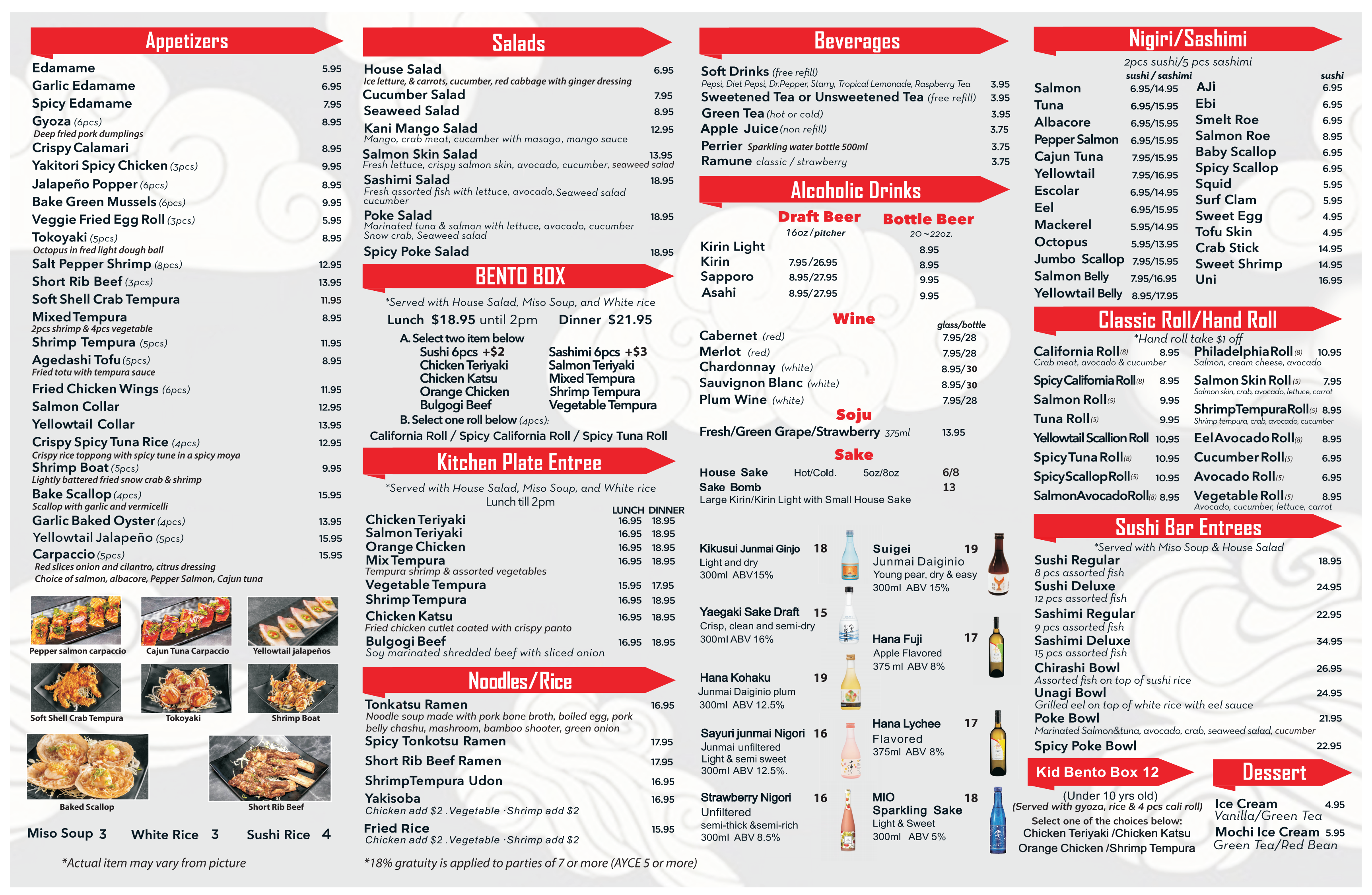 Menu of Niku Sushi, covering appetizers, salads, bento boxes, entrees, noodles, beverages, & sushi selections.