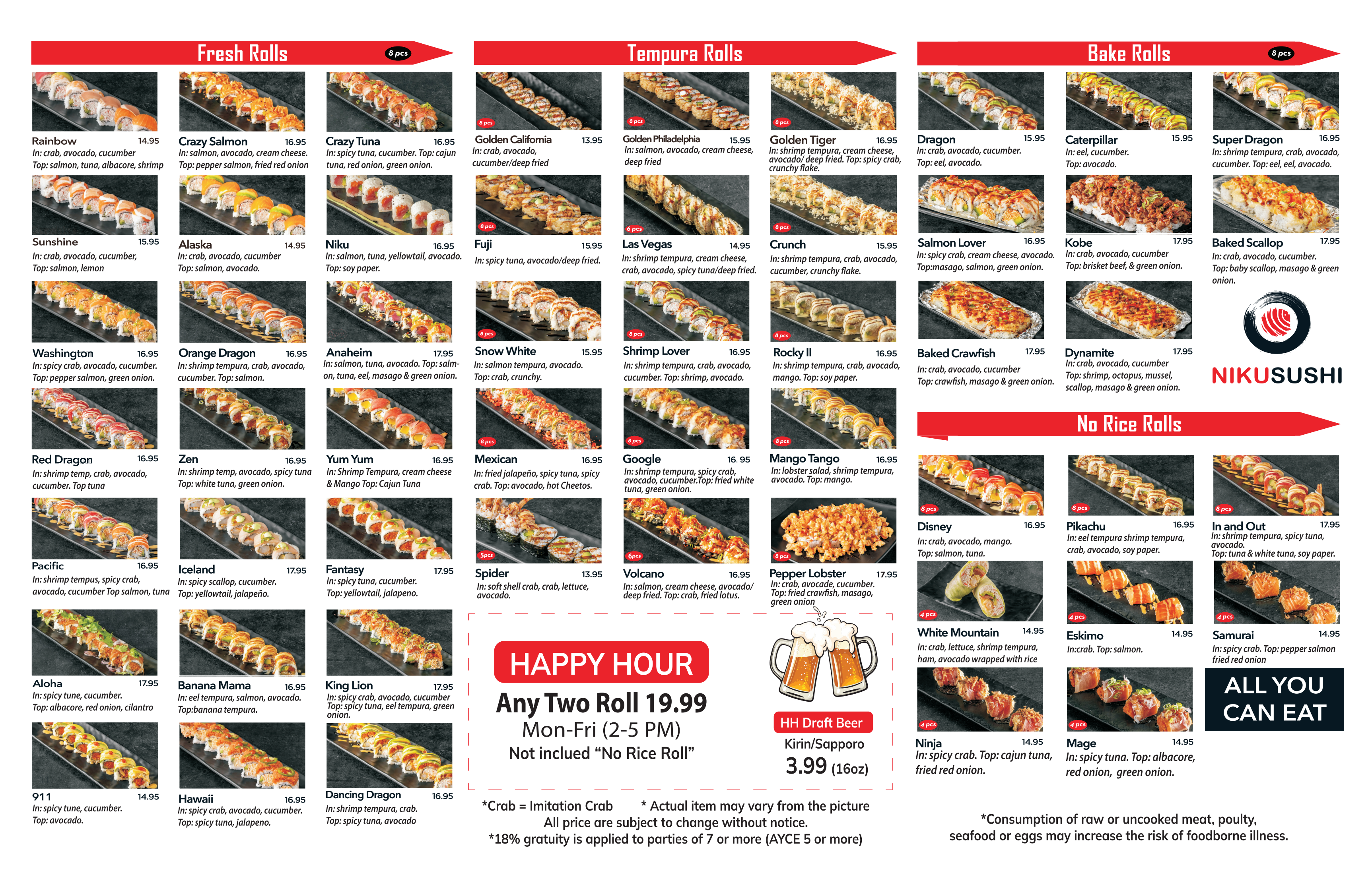 Niku Sushi menu: Fresh, Tempura, Bake, No Rice Rolls. Features Happy Hour deal: 2 rolls for $19.99.