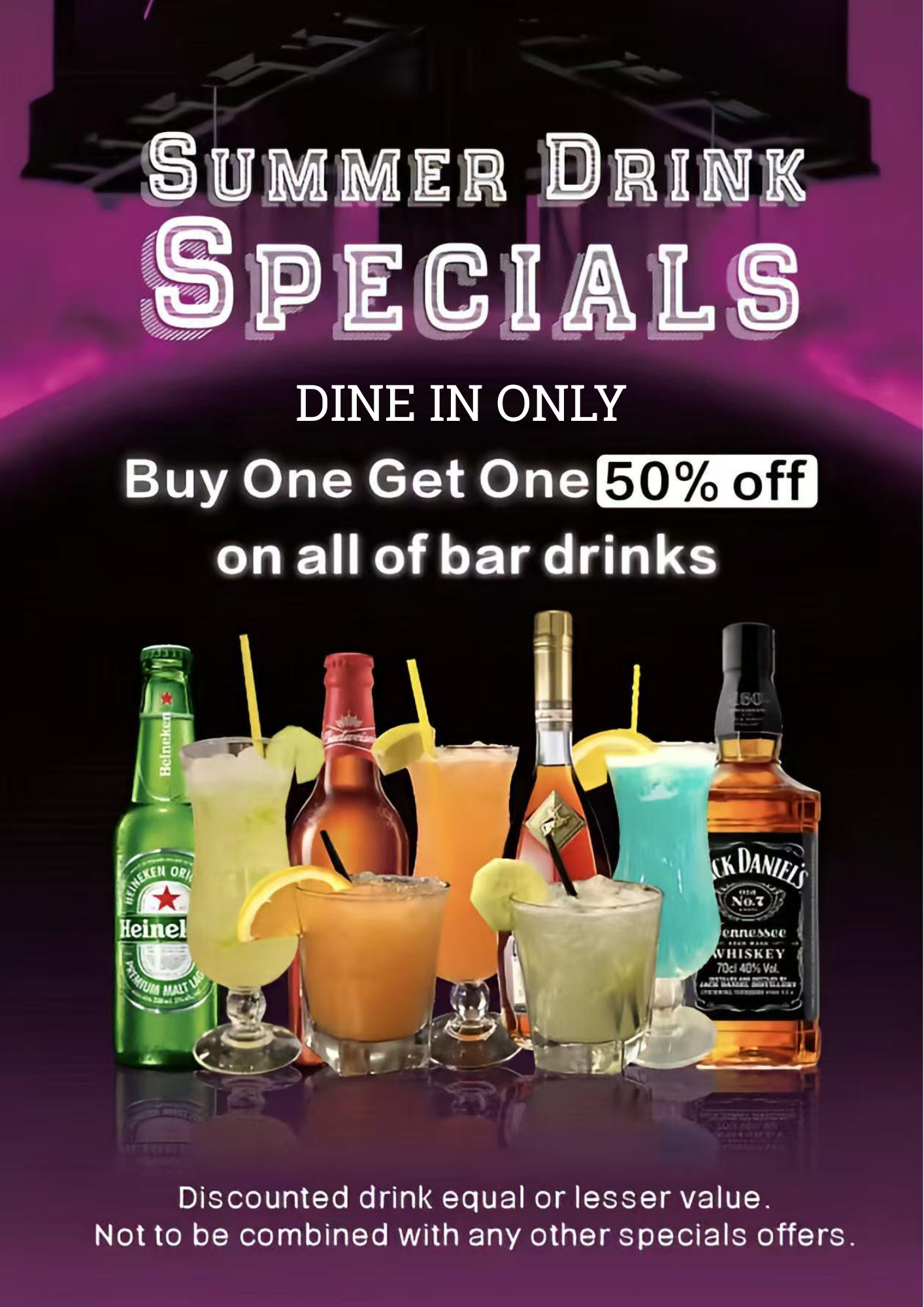 Beat the heat with our sizzling drink specials, available for dine-in only! Buy any bar drink, get the second one 50% off 
