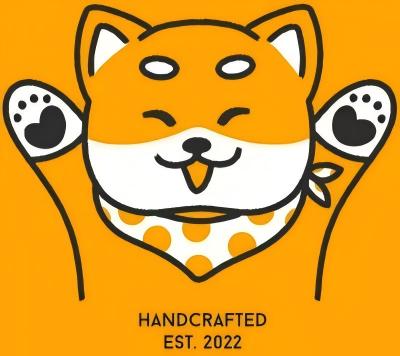 Cute waving orange Shiba Inu cartoon brand sticker at Goomo Tea, a Bubble Tea Store in CA