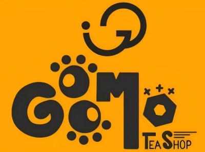 Fun cartoon styled Goomo Tea Shop logo on orange background at Goomo Tea, a Bubble Tea Store in CA