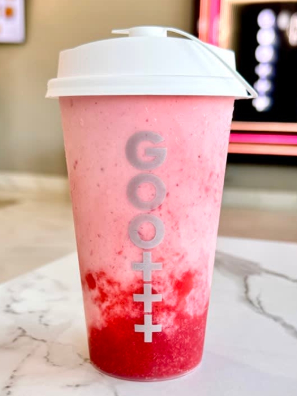 Gradient strawberry fruit slush with fruit pulp at Goomo Tea, a Bubble Tea Store in CA