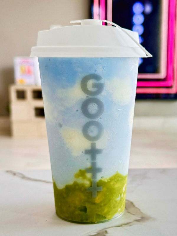 Sky blue layered drink with green fruit puree base at Goomo Tea, a Bubble Tea Store in CA