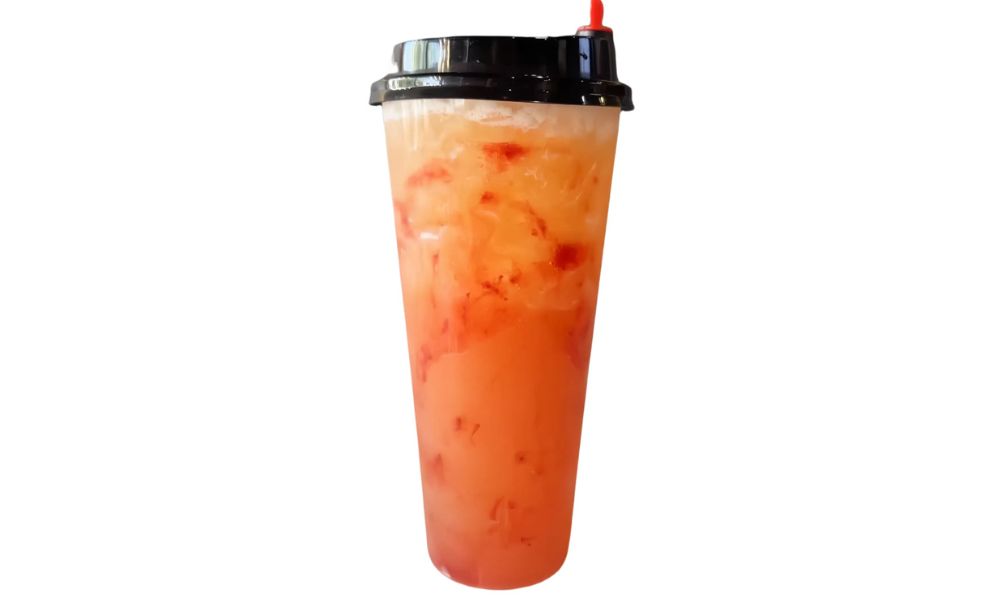 Strawberry Green Tea Iced green tea with strawberry pieces at Chop Asian Kitchen, a Asian restaurant in Yucaipa