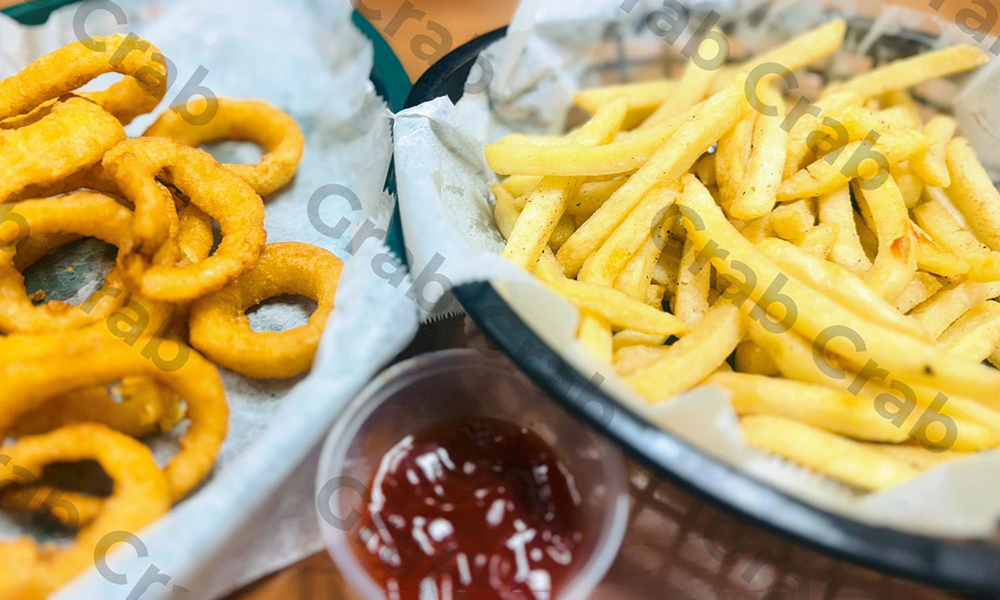 French Fries and Onion Rings at Grab Crab, a Seafood Restaurant in Pontiac