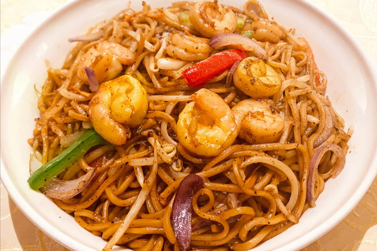 Pan Fried Noodle W. Baby Shrimp In Black Paper Sauce at Grandma's Dim Sum, a Chinese Restaurant in Flushing