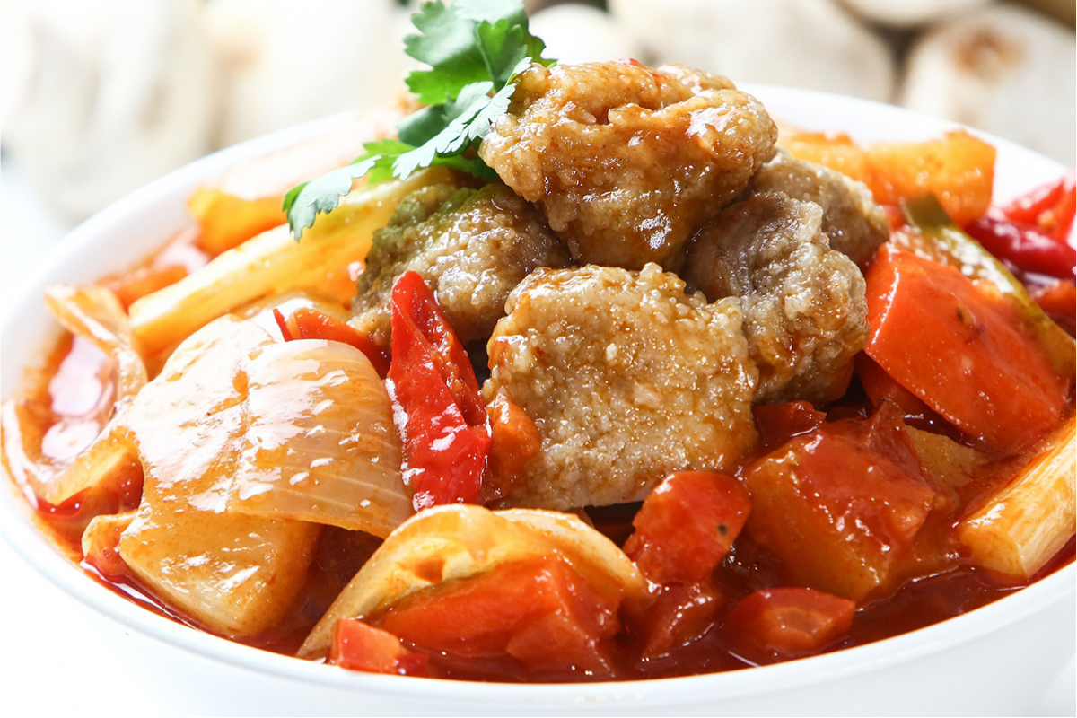 Crispy pork balls in sweet-and-sour sauce with veggies at Great Wall Restaurant, a Chinese Restaurant in Elkhart