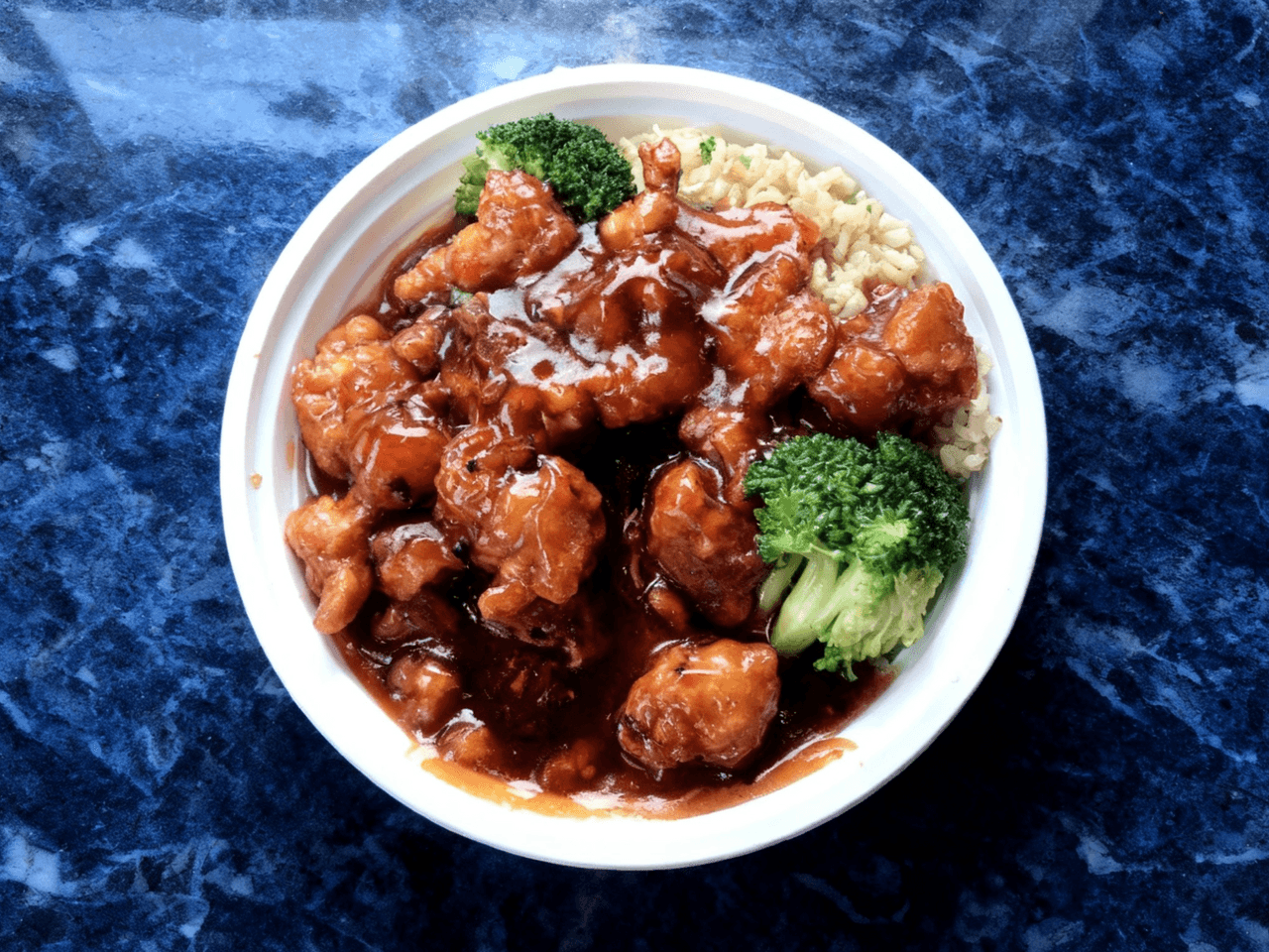 General Tso's chicken with rice and broccoli at Green China, a Chinese Restaurant in Germantown