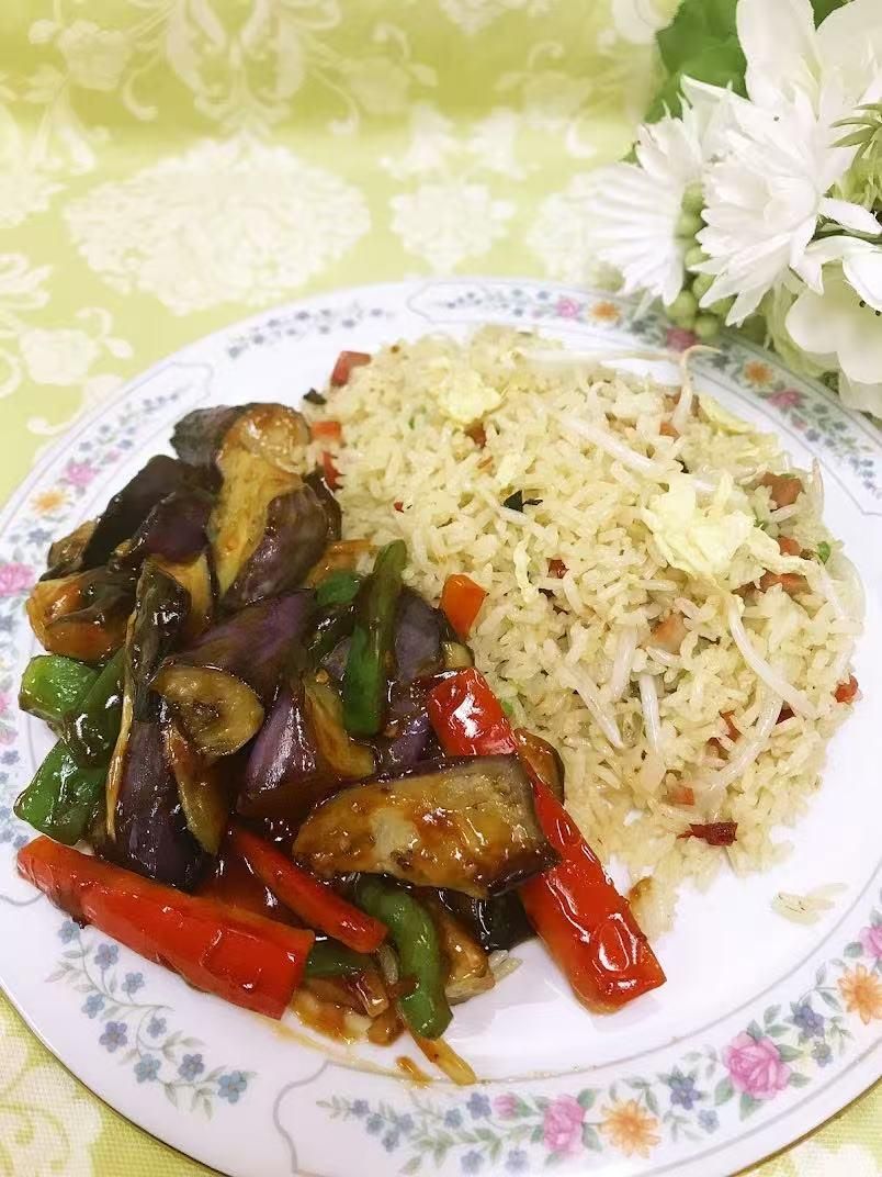 Eggplant with garlic sauce served with fried rice at Green Heaven - Chinese Restaurant in Holmes